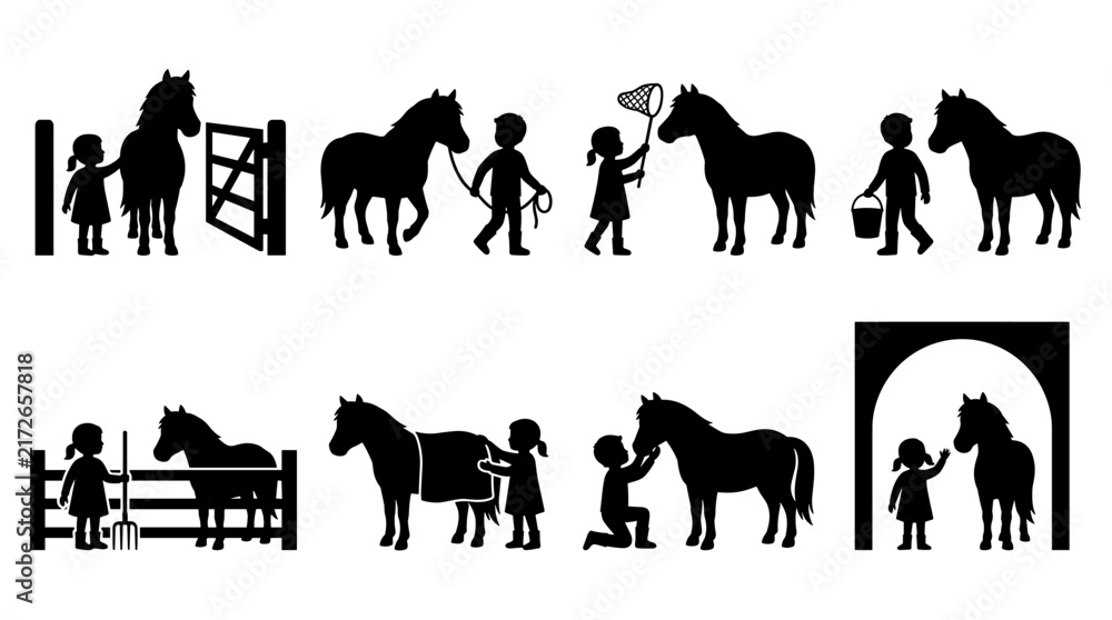 Fototapeta premium Set of silhouettes featuring children interacting with horses, farm activities, animal care, equestrian hobby, rural lifestyle, nursery decor element