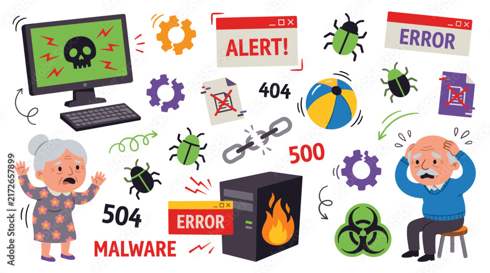 Fototapeta premium Set of cybersecurity threats and malware icons featuring stressed elderly people, computer viruses, broken links, and system errors for digital