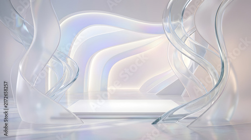 Futuristic white podium with iridescent translucent flowing waves for product presentation