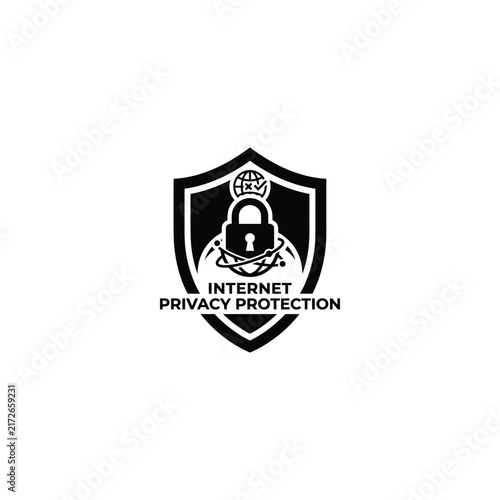 Internet privacy protection shield with lock and globe