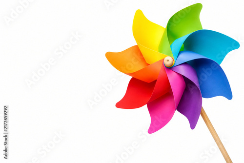 Colorful Rainbow Pinwheel Toy Isolated on White Background with Copy Space
