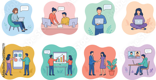 Digital collaboration, teamwork icons, remote work, online communication, workplace success, modern design, productivity tools, creative ideas, leadership skills, innovation growth