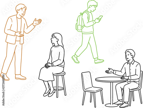 Diverse people in casual poses during a minimalist outdoor scene with clean lines