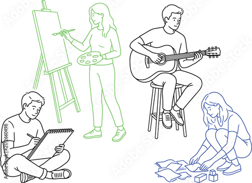 Young adults engaged in creative activities with simple line drawing style