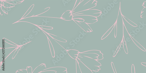 Delicate floral line art pattern on a muted green background.