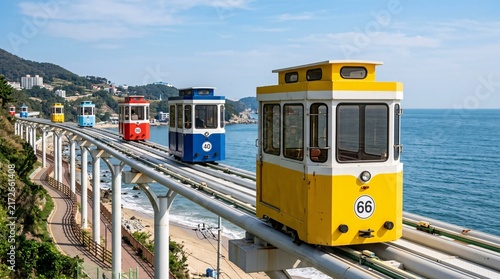 Colorful sky capsules traveling on an elevated railway track along the beautiful coastline in Busan, South Korea.