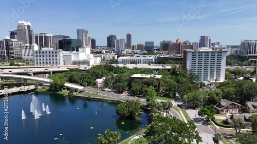 View looking over the Lake Lucerne and the 408 expressway with the downtown Orlando skyline in Orange County, Orlando, Florida, USA.