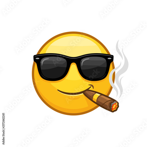 Bright yellow smiley face wearing sunglasses and smoking a cigar in a fun setting
