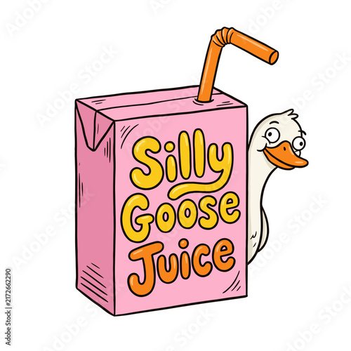 A playful cartoon style illustration of a juice box with a goose character