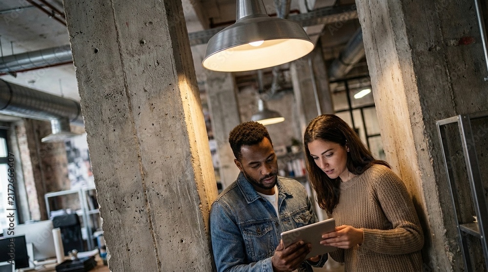 Fototapeta premium A candid portrait of a young man and woman interacting closely in a dimly lit rustic indoor setting, suggesting an intimate moment or conversation, ideal for relationship marketing materials