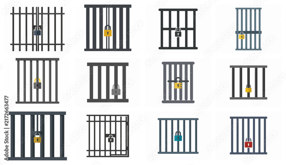 Obraz premium Collection of prison cell door icons with padlocks isolated on white background