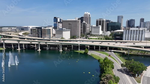 Aerial view overlooking the downtown Orlando skyline in Orange County, Orlando, Florida, USA.
