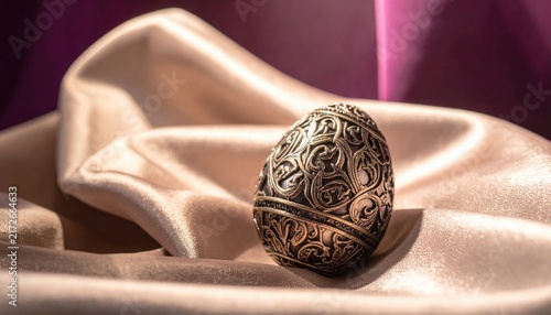 Ornate Metallic Easter Egg with Intricate Filigree Design on Soft Satin Fabric