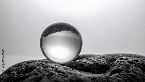 Polished quartz crystal sphere resting on dark textured stone with soft light