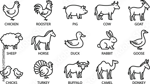 Farm animals line icon set vector black outline chicken pig cow goat sheep horse duck rabbit turkey camel donkey collection design.eps