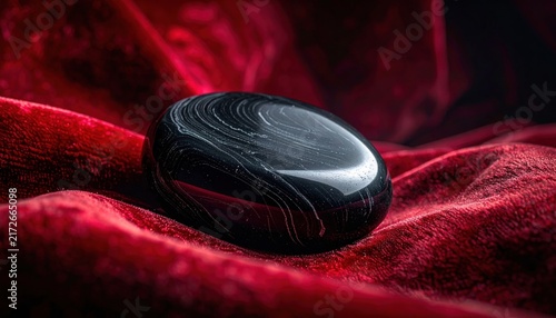 Polished Obsidian Stone with Swirling Patterns on Rich Red Velvet Fabric
