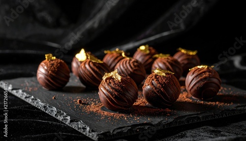 Rich Dark Chocolate Truffles with Gold Leaf Garnish on a Slate Surface