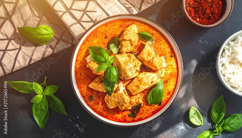 Rich and Spicy Red Curry with Tender Chicken and Fresh Basil Leaves