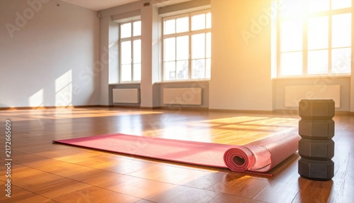 Rolled pink yoga mat laid out on gleaming hardwood floor in bright, sunlit studio room.