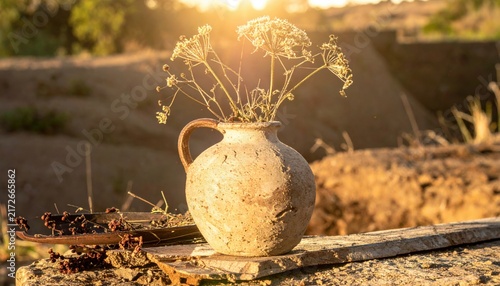 Rustic Clay Pottery Vase with Dried Flowers in Warm Sunlight Outdoor Setting