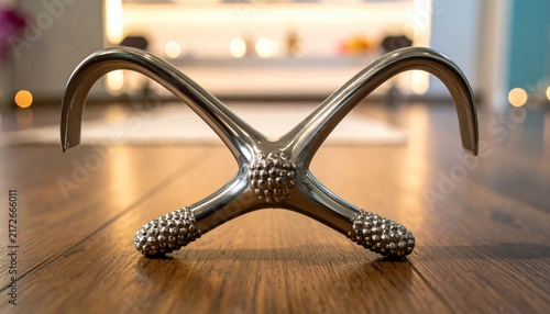 Sculptural Stainless Steel Foot with Ornate Details on Wooden Surface