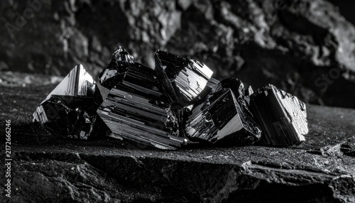 Sharp, lustrous black tourmaline crystals clustered on dark rock surface
