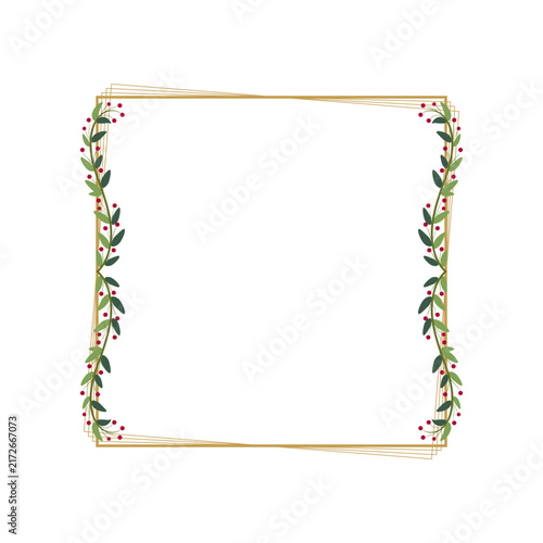 Golden Square Border Frame Decorated With Green Leaves And Red Cherries