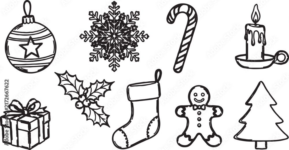 Naklejka premium Collection of hand-drawn christmas holiday icons and symbols in black and white line art style featuring ornaments snowflake candy cane candle gift holly stocking gingerbread man, christmas
