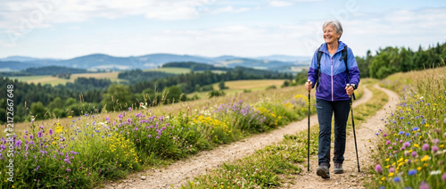 Senior wellness hiking woman walking on scenic meadow trail