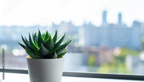 Vibrant Potted Succulent Plant Growing on a White Pot on a Window Sill with Cityscape View