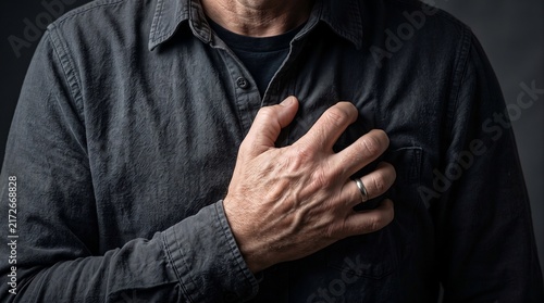 Close up of elderly man suffering from chest pain heart attack stock photo