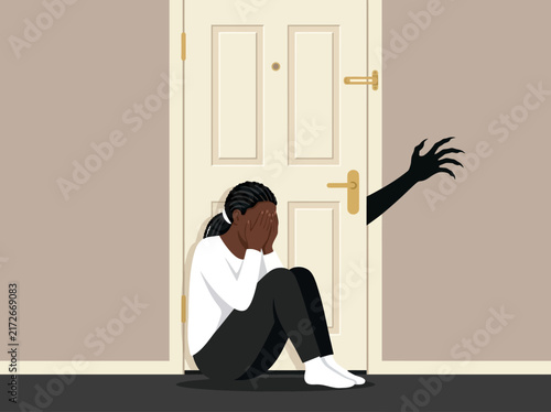 Картината върху платно Conceptual Illustration of a Fearful Woman Hiding from a Shadow Hand, Representing Anxiety and Mental Health