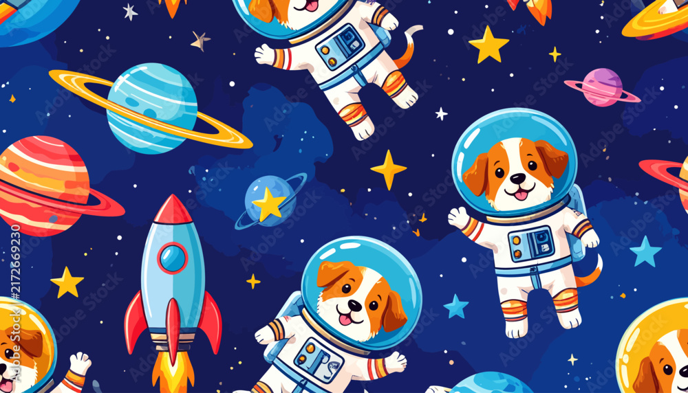 Naklejka premium Seamless Pattern with Cute Cartoon Astronaut Puppies in Outer Space with Rockets and Planets