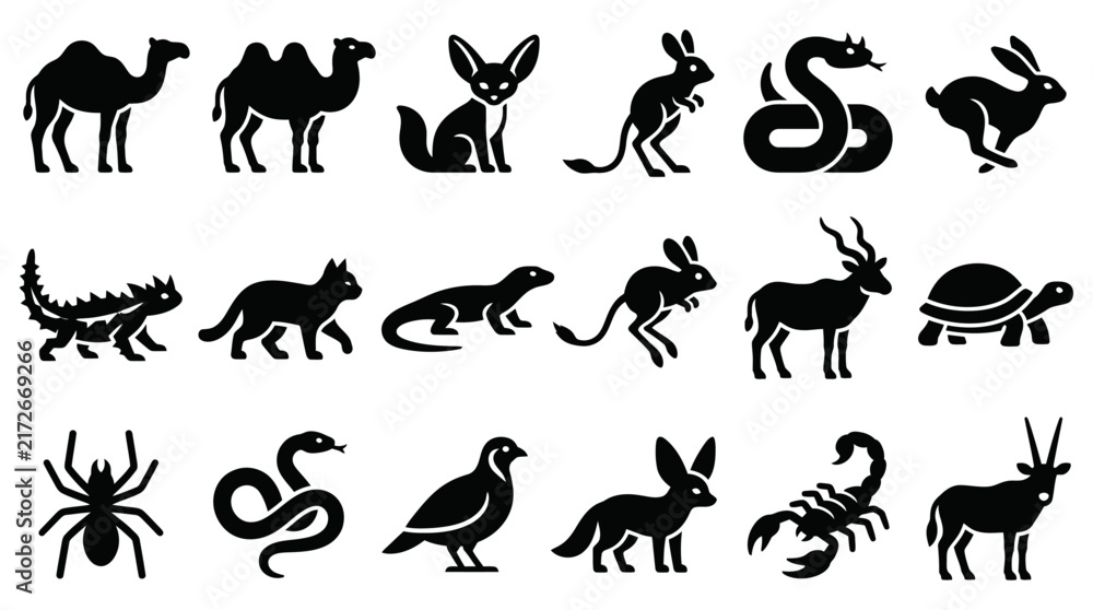 Obraz premium Collection of diverse desert animal silhouette icons depicting exotic wildlife species in a minimalist black vector style set