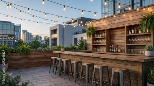 Stunning wooden rooftop bar featuring string lights, stylish stools, shelves stocked with various beverage bottles, and lush greenery overlooking an expansive urban city skyline during twilight