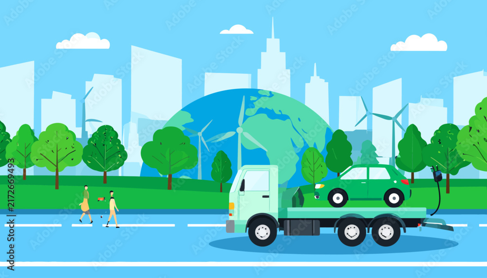 Fototapeta premium Flat Vector Illustration of an Electric Car Being Transported by a Tow Truck with a Sustainable City and Green Environment Background