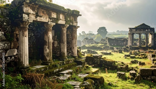 Ancient stone ruins with classical columns overgrown with moss in a scenic historical landscape.