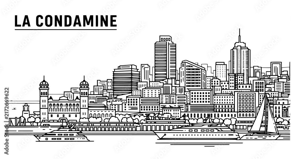 Naklejka premium La Condamine Cityscape Black and White Vector Illustration