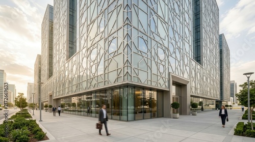Business professionals walk along the pedestrian walkway beside a massive commercial skyscraper featuring intricate geometric glass facades under a bright afternoon sun shining across the city