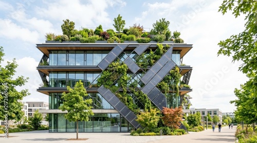 Innovative eco friendly architecture featuring a lush green rooftop garden and photovoltaic solar panels integrated into the glazed facade of a sustainable commercial office building in daylight