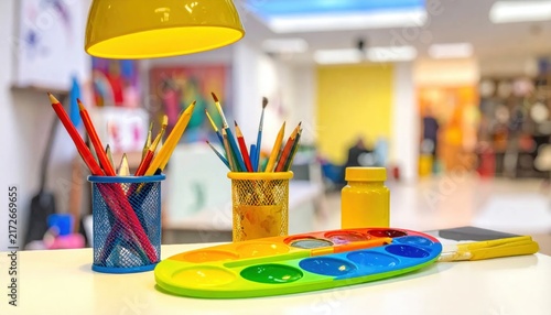 Assortment of colorful art supplies, including watercolor paints and brushes, ready for creative projects