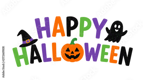 Happy Halloween Letters And Pumpkin Illustration.