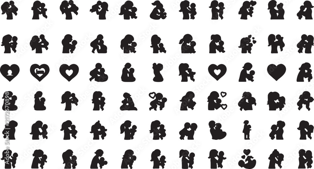 Obraz premium Collection of silhouette icons depicting couples in romantic embraces and poses with couple goals couple pose silhouette illustration collection relationship together intimacy