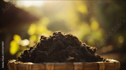 pomace. Pile of pressed grape pomace in a wooden basket in soft sunlight. menu design, packaging mockups, designed for food delivery and cloud-kitchen brand materials, used by software engineers.