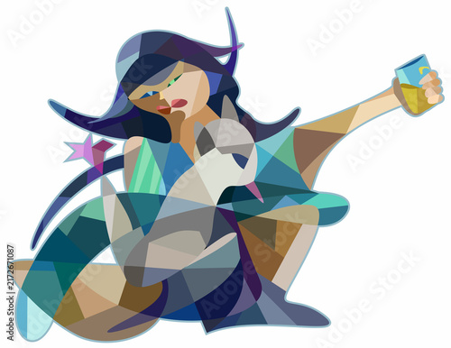 Beautiful brunette asian appearance girl with a cat and a mug. Ethnic woman avant-garde decorative painting. Cubism style mosaic stained glass illustration