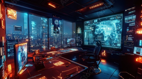 Modern command center interior with city view