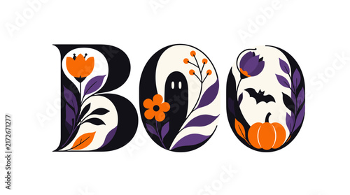 Halloween themed decorative Boo typography with pumpkins and autumn leaves.