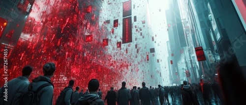 People walking through futuristic cityscape with red abstract