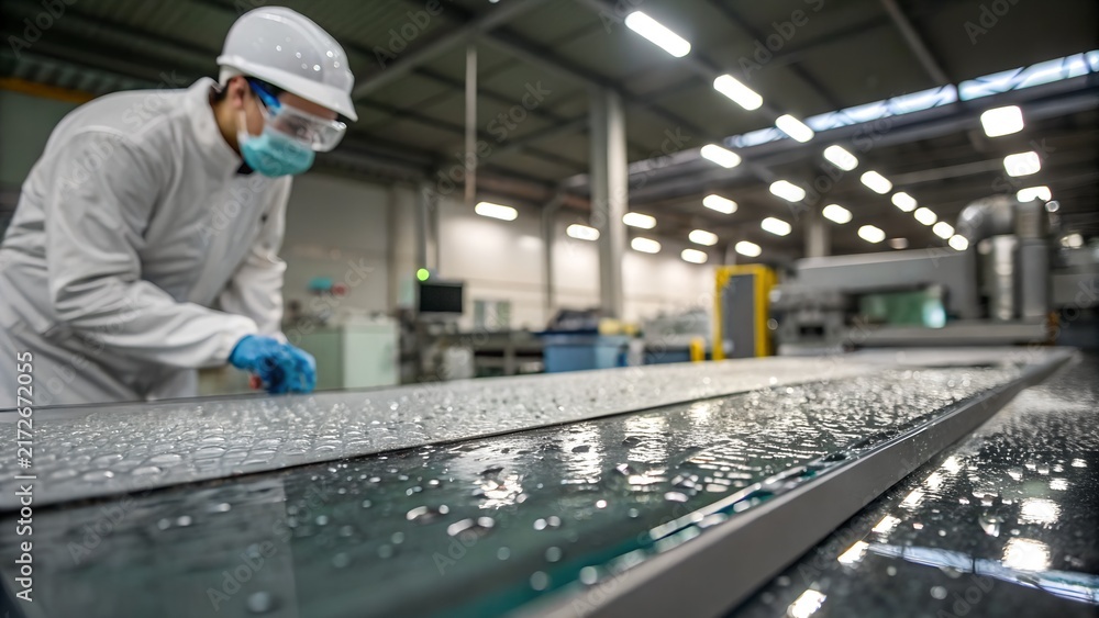 Fototapeta premium Worker wearing protective equipment while cleaning a large glass surface in an industrial facility, representing specialized glass maintenance and workplace safety.