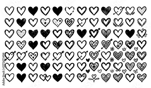 Collection of hand drawn sketchy heart shapes doodles vector illustration set with heart doodle romance shape black heart outline heart white background love symbol affection feelings